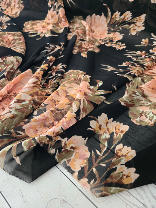 Black Large Floral Chiffon {by the half yard}