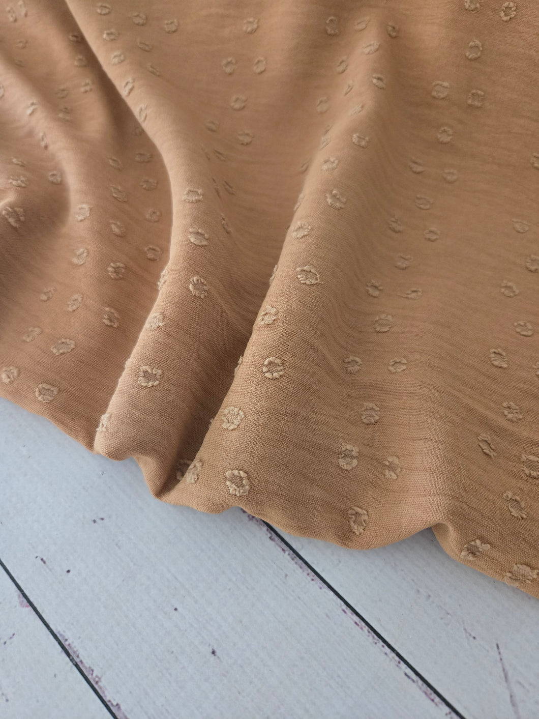 Camel Stripe Opaque Swiss Dot 100% Polyester {by the half yard}