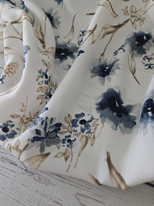Shades of Blue & Tan Floral Dobby Crepe {by the half yard}