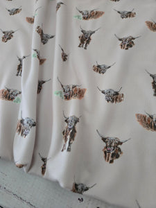 Exclusive Design- Light Tan Highland Cow Double Brushed Poly (DBP) Knit {by the half yard}