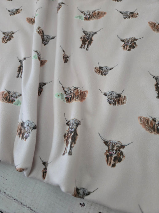 Exclusive Design- Light Tan Highland Cow Double Brushed Poly (DBP) Knit {by the half yard}
