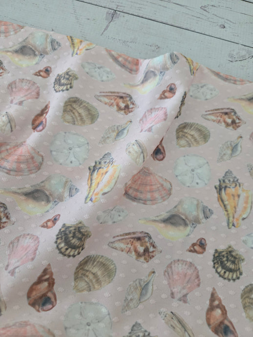 Exclusive Design- Blush Seashells Swiss Dot Knit {by the half yard}