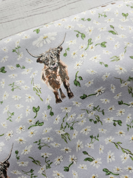 Exclusive Design- Light Blue Highlander Cow & Daisy Print Single Brushed Poly Knit {by the half yard}