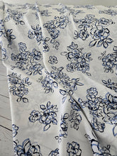 White & Navy Outline Floral Silky Polyester {by the half yard}