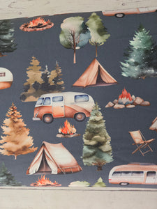 Exclusive Design- Slate Camping Scenes Double Brushed Poly (DBP) Knit {by the half yard}