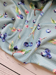 Exclusive Design- Aqua Pin Dot & Blueberries Print Single Brushed Poly Knit {by the half yard}