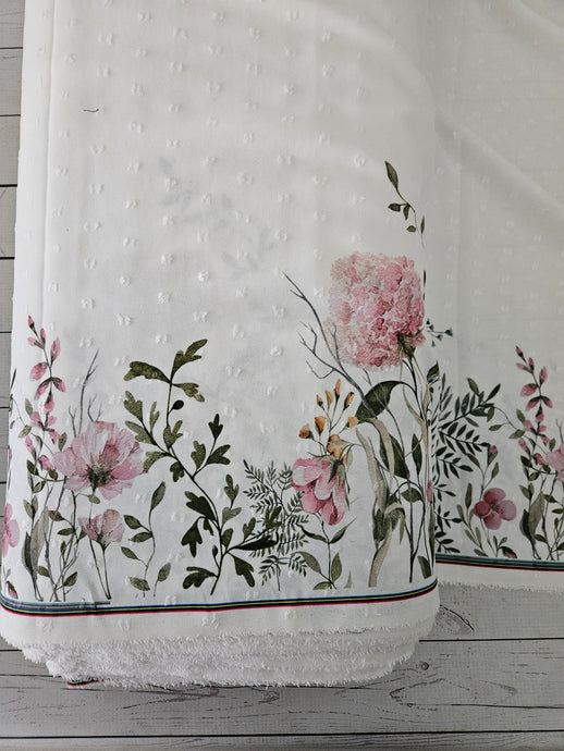 Pink Floral Border Print Opaque Swiss Dot 100% Polyester {by the half yard}