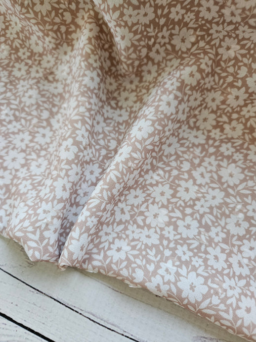 Exclusive Design-  Petite Tan Floral Opaque Swiss Dot 100% Polyester {by the half yard}