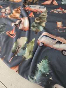 Exclusive Design- Slate Camping Scenes Double Brushed Poly (DBP) Knit {by the half yard}