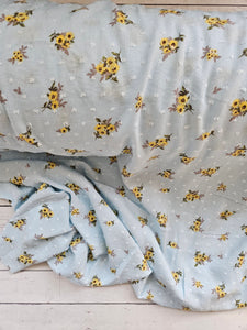 Pale Blue & Yellow Floral Swiss Dot Rayon Crepe {by the half yard}