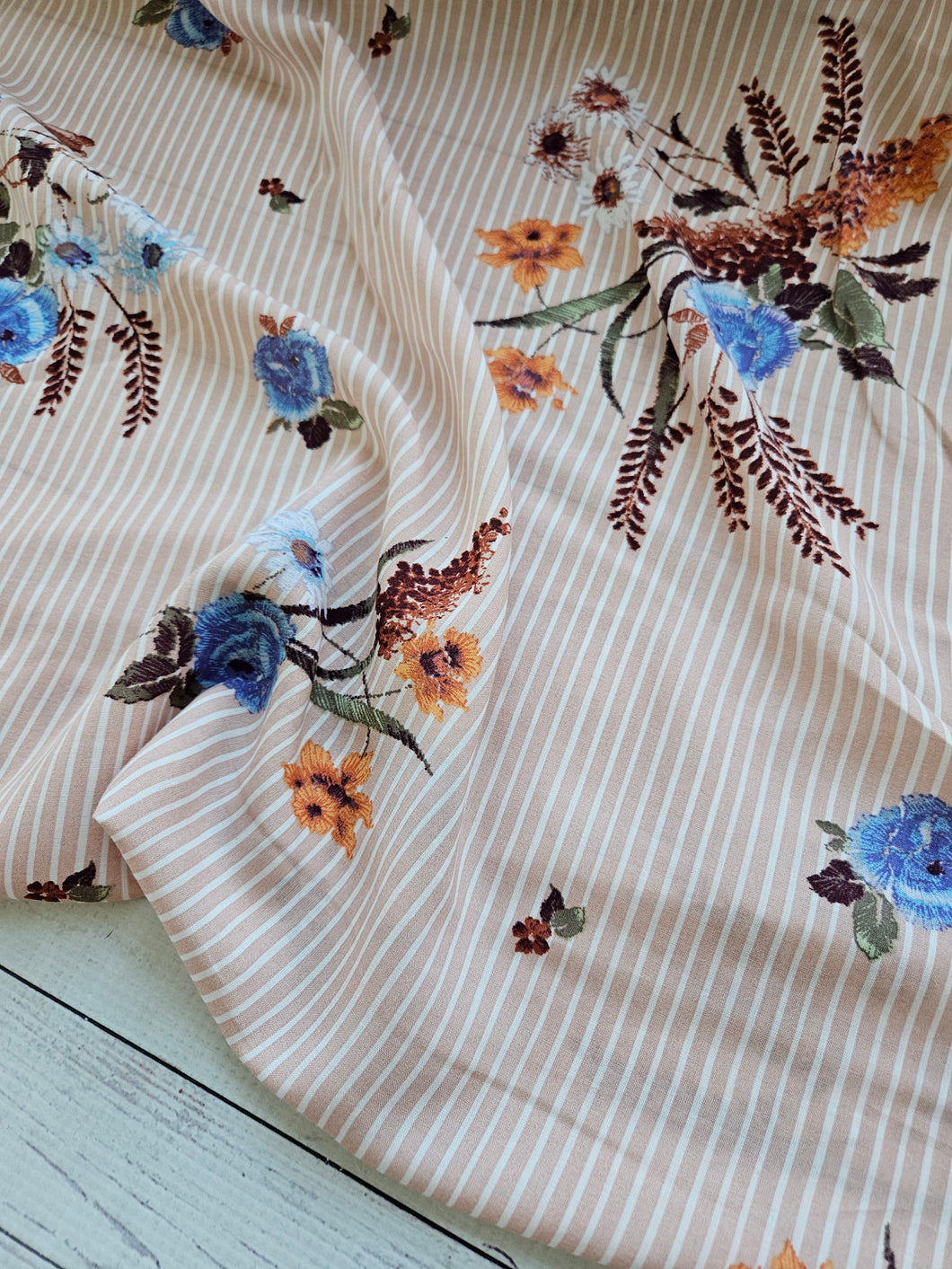 Muted Peach Striped Floral Rayon Challis {by the half yard}