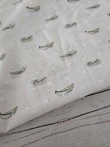 Exclusive Design- Ivory Boat Print Swiss Dot Cotton {by the half yard}
