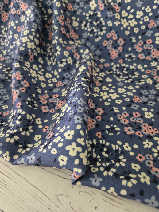 Denim Blue & Pink Petite Floral Poly Slub {by the half yard}
