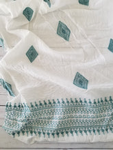 White & Aqua Embroidered Lurex Border Print Poly/Cotton {by the half yard}