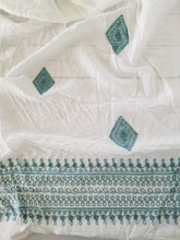 White & Aqua Embroidered Lurex Border Print Poly/Cotton {by the half yard}