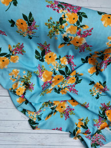 Blue & Mango Summery Floral Rayon Crepe {by the half yard}