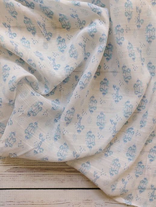 White & Light Blue Block Print Textured Rayon Blend {by the half yard}