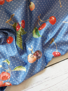 Exclusive Design- Blue Polka Dot & Cherry Print Single Brushed Poly Knit {by the half yard}