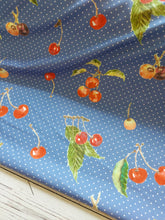 Exclusive Design- Blue Polka Dot & Cherry Print Single Brushed Poly Knit {by the half yard}